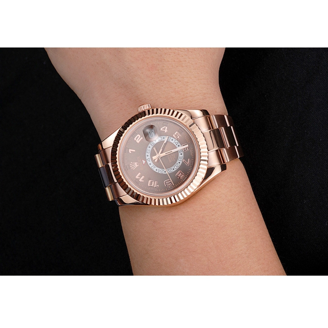 Aaa replica Gold Ad Brown Dweller Rolex Sky Bracelet Case Dial Rose 0713